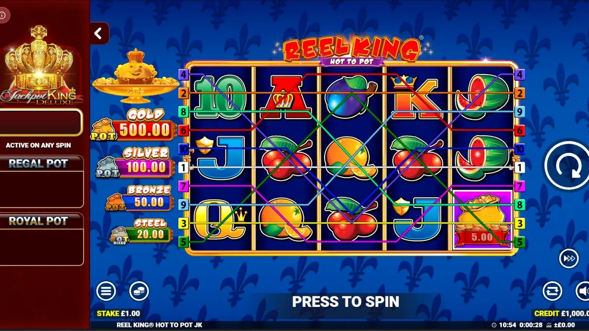 Tampilan visual slot Reel King Hot to Pot dengan simbol mahkota dan buah-buahan