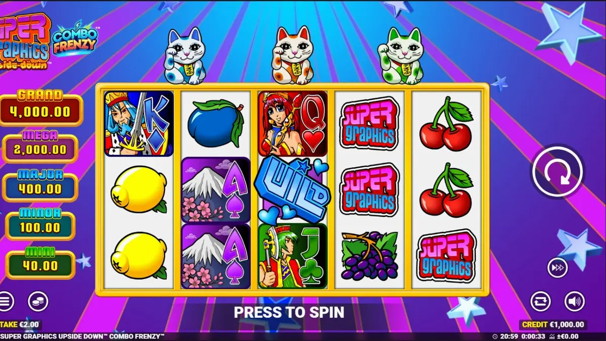 Tampilan visual slot Super Graphics Upside Down dengan tema anime dan kucing keberuntungan