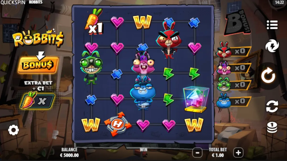 Tampilan visual karakter kelinci kriminal dalam slot Robbits oleh Quickspin